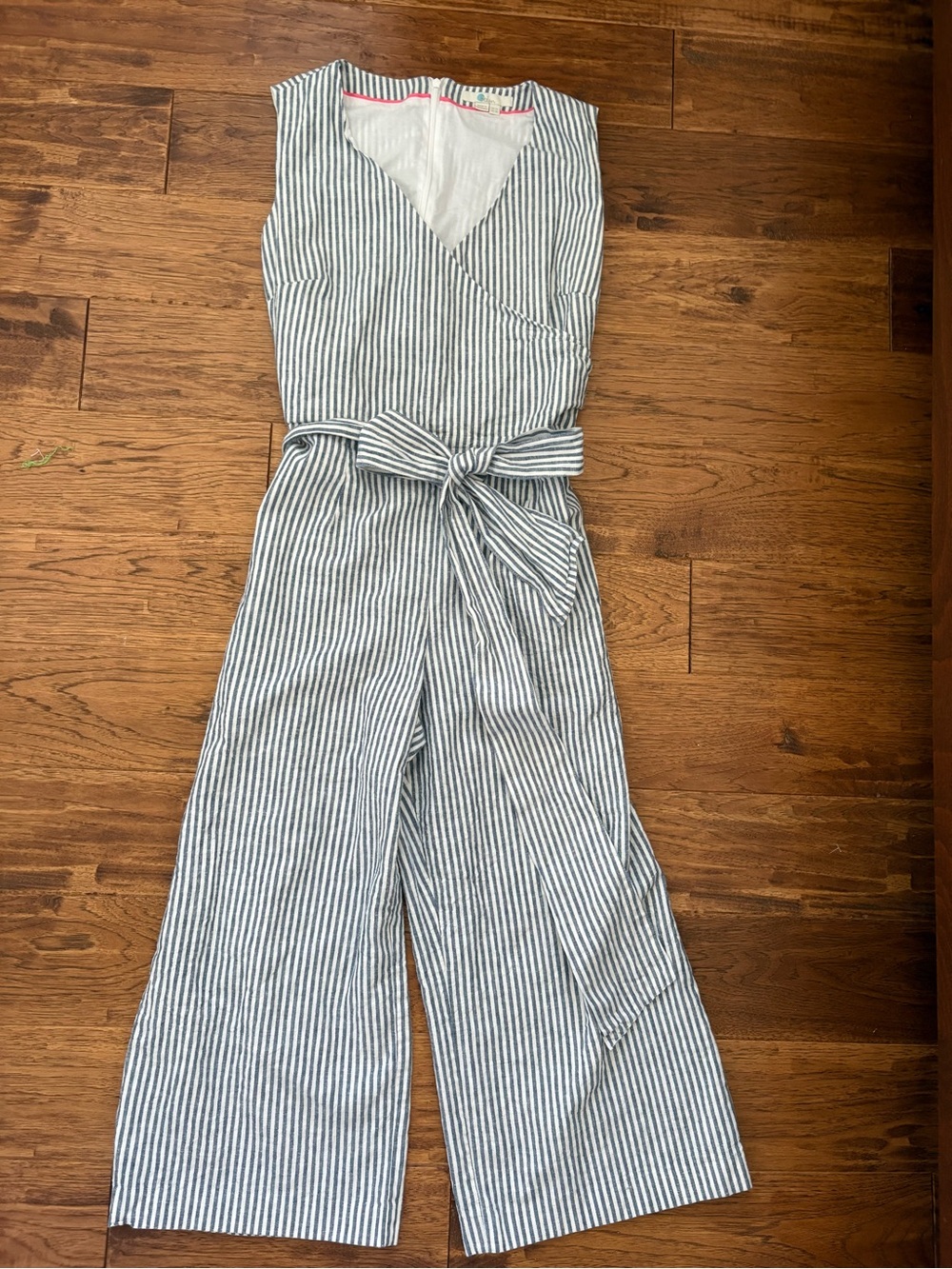 Boden Striped V-Neck Wide-Leg Jumpsuit with Tie Waist - Blue/White - Picture 5 of 9